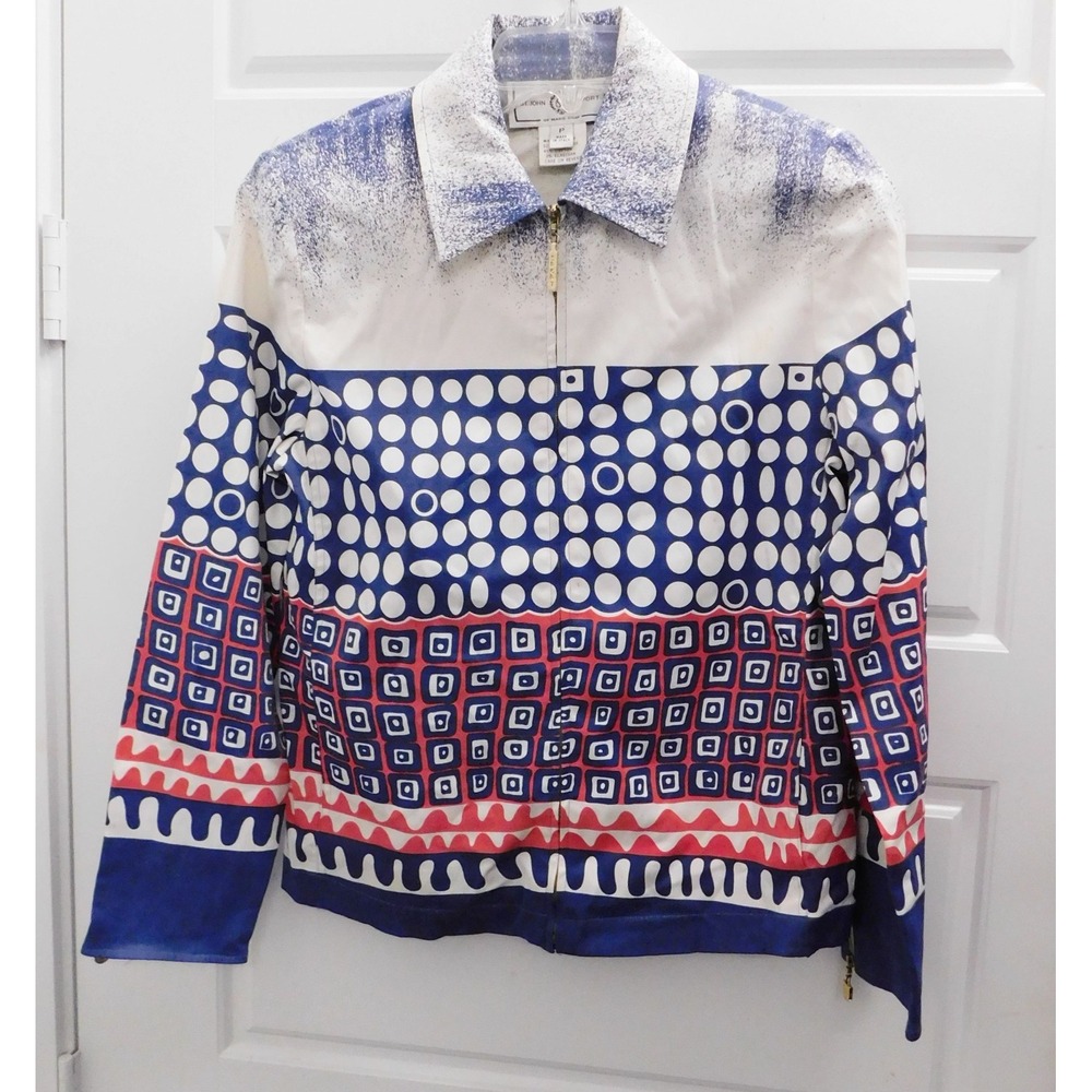 St John Sport Geometric‎ Print Poly Cotton Stretchy Full Zip Jacket Italy sz P